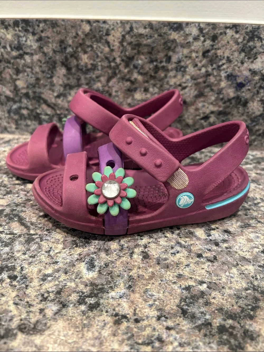 CROCS Girls Purple and Teal Flower Strap Sandals